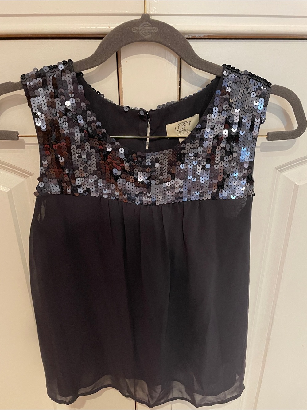 LOFT Black Sequin Yoke Chiffon Sleeveless Top